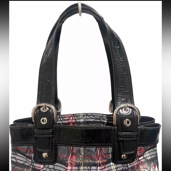 Signature Coach Poppy Bag Red And Black Plaid Shoulder Handbag Medium Size Purse - Picture 13 of 16